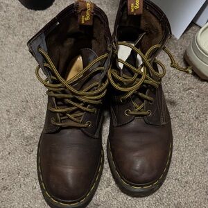 Dr. Martens Dark Brown Leather Boots with Yellow Accents